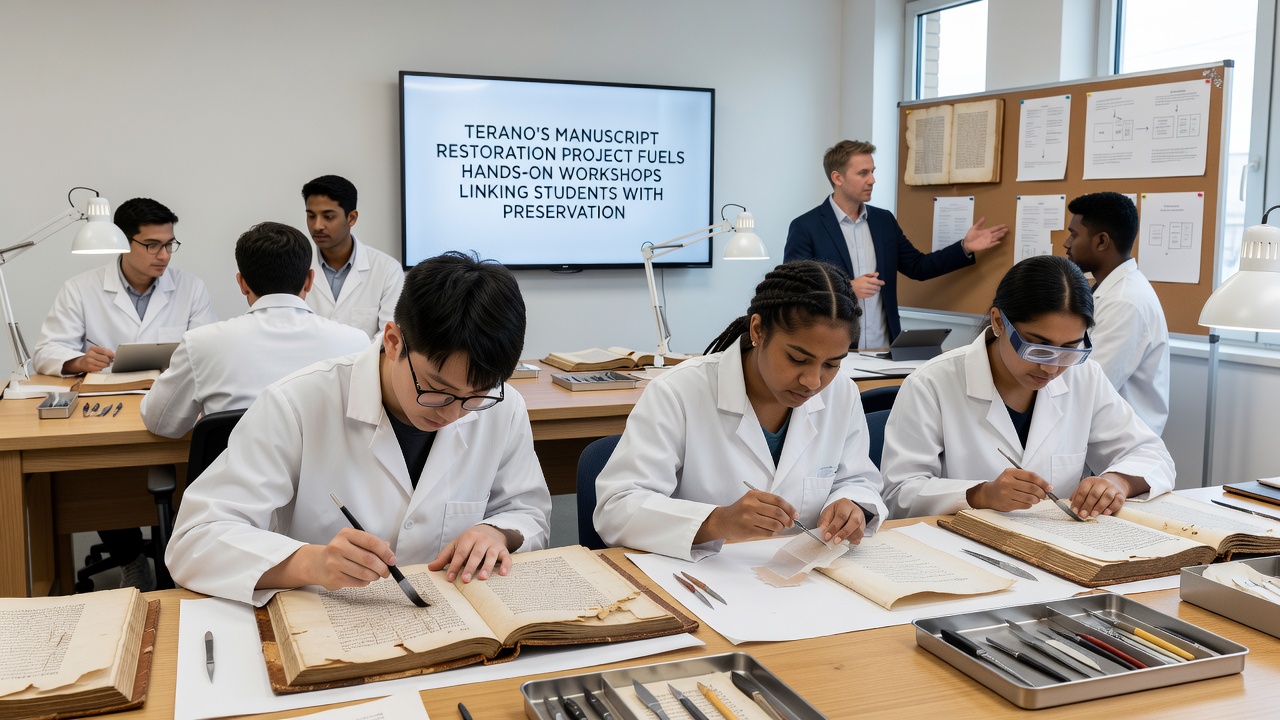 Workshop participants applying stabilization techniques to a 17th-century manuscript under expert guidance