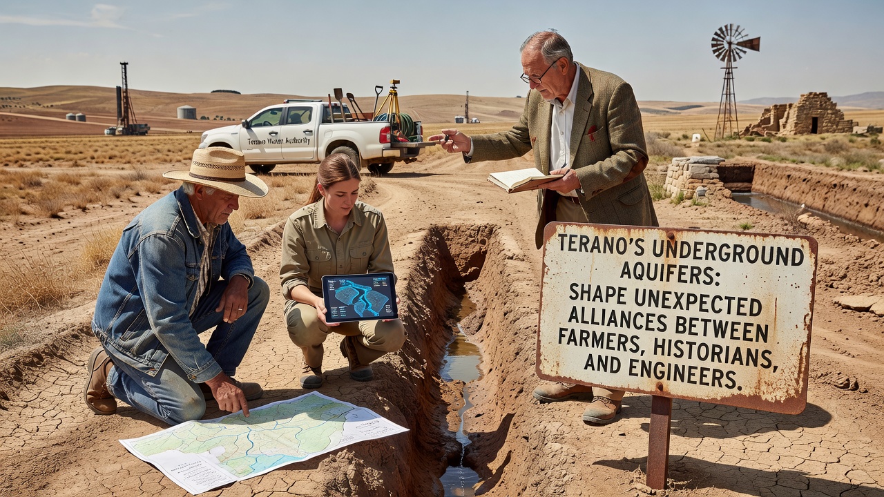 Engineers and historians reviewing aquifer sensor data alongside farmers in a field meeting