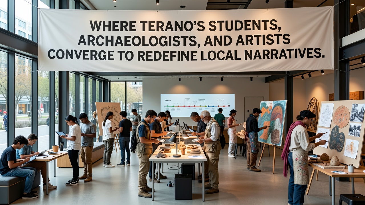 Collaborative exhibition space displaying archaeological finds alongside contemporary art installations in Terano